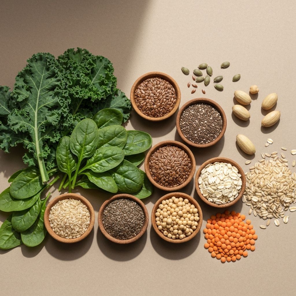 Mineral-rich foods including leafy greens, seeds and whole grains